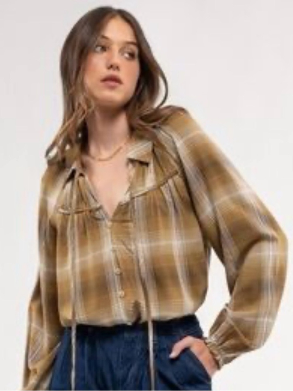 Blu Pepper Plaid Button-Down Blouse in Mustard and Cream